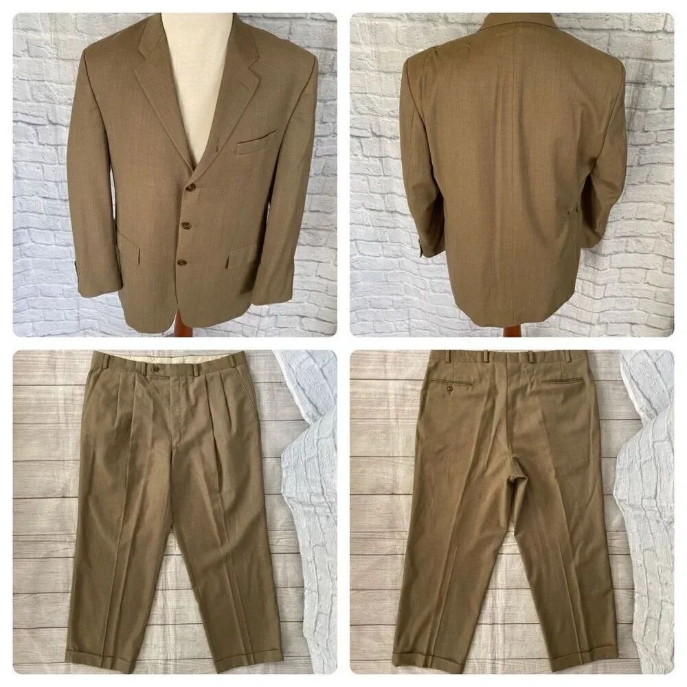 Ralph Lauren wool tan suit w/fully lined 3 button jacket and pleated cuffed pant